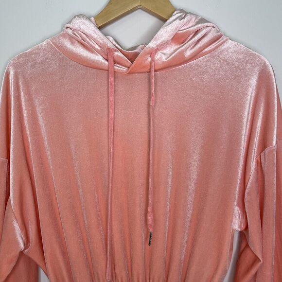 Eros Velour Barbiecore Sweater Dress Jumpsuit Long Sleeved Hoodie Pink Size XS - Picture 2 of 11